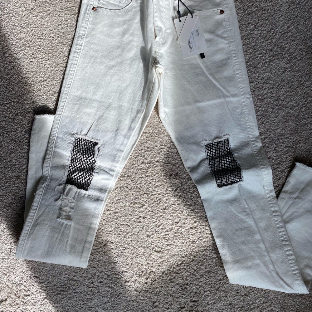 White Distressed Jeans with Black Mesh Accents